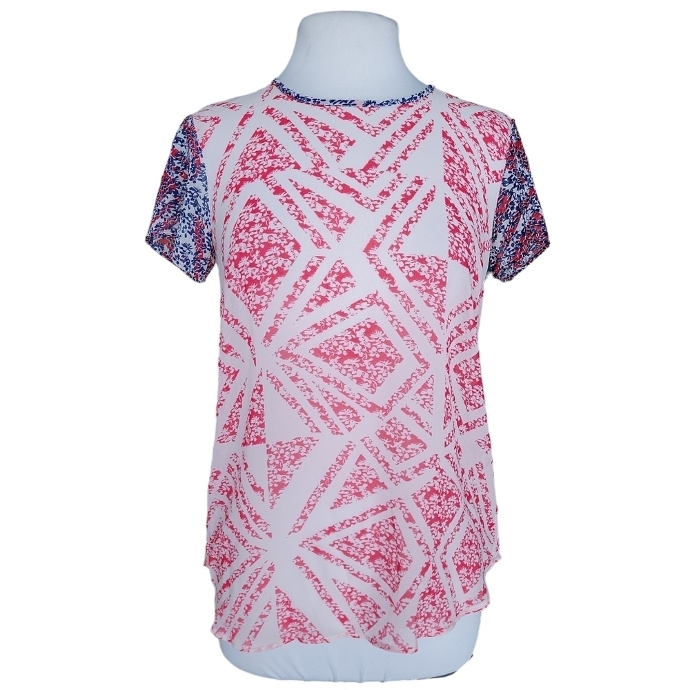 CAbi #732 Lightweight Red White Blue Coquette Tee Top Blouse Women's Size XS